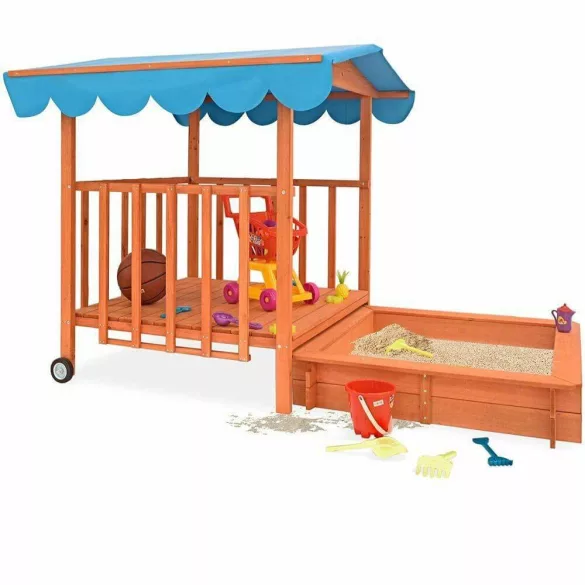 Wooden Playhouse with Sandbox and Canopy