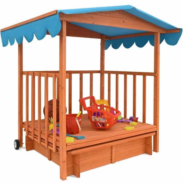Wooden Playhouse with Sandbox and Canopy