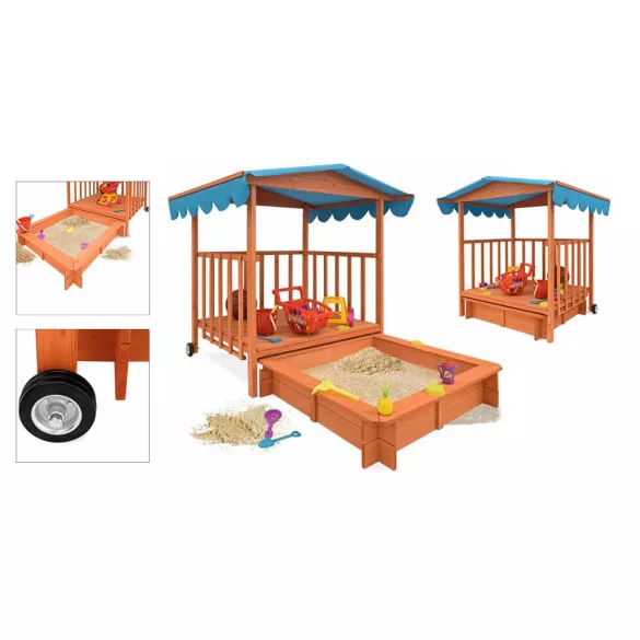 Wooden Playhouse with Sandbox and Canopy