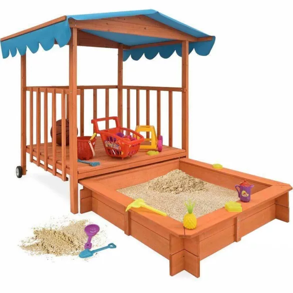 Wooden Playhouse with Sandbox and Canopy