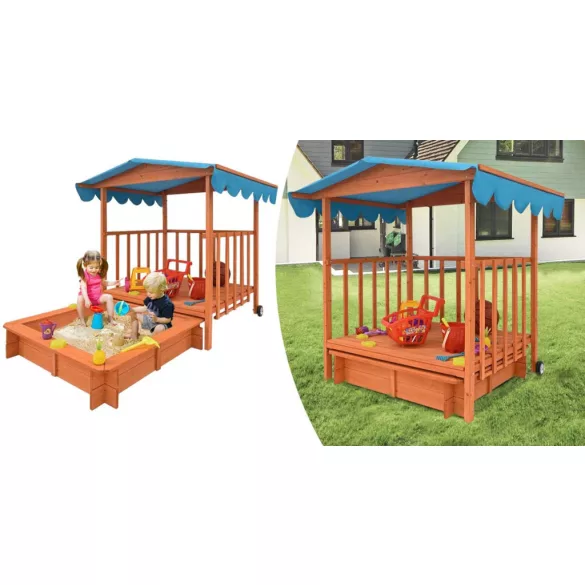 Wooden Playhouse with Sandbox and Canopy