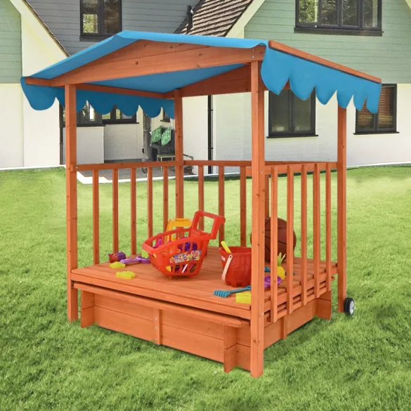 Wooden Playhouse with Sandbox and Canopy