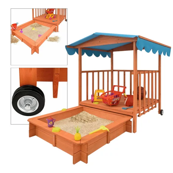 Wooden Playhouse with Sandbox and Canopy