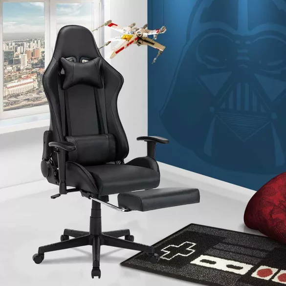 Gamer chair with footrest, black