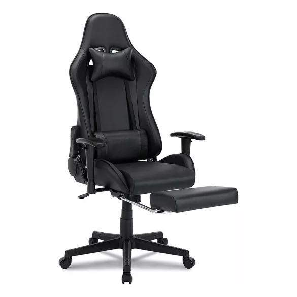 Gamer chair with footrest, black