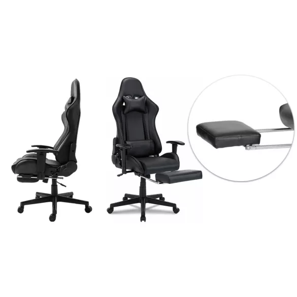 Gamer chair with footrest, black