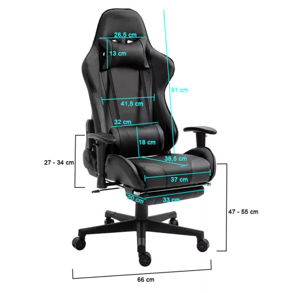 Gamer chair with footrest, black
