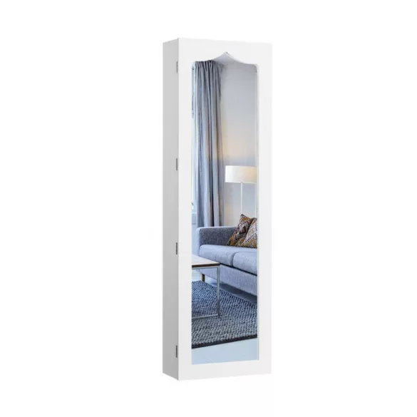 Wall-mounted mirrored jewelry organizer with lighting