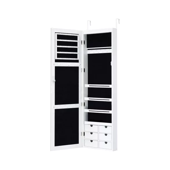 Wall-mounted mirrored jewelry organizer with lighting