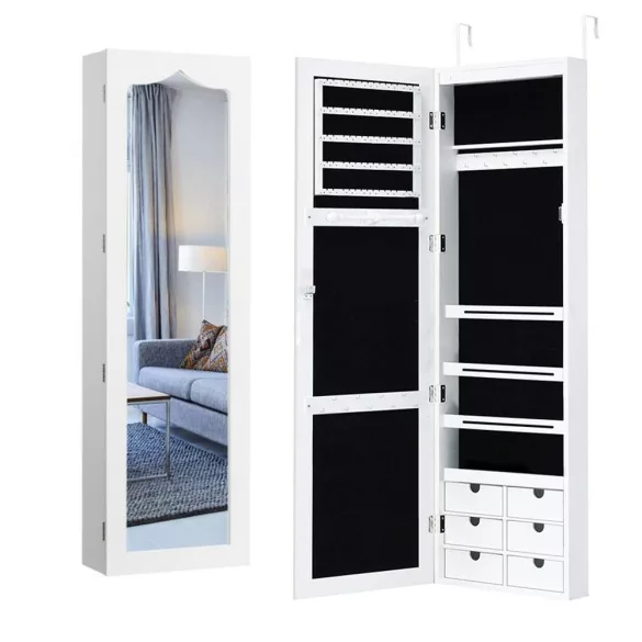 Wall-mounted mirrored jewelry organizer with lighting