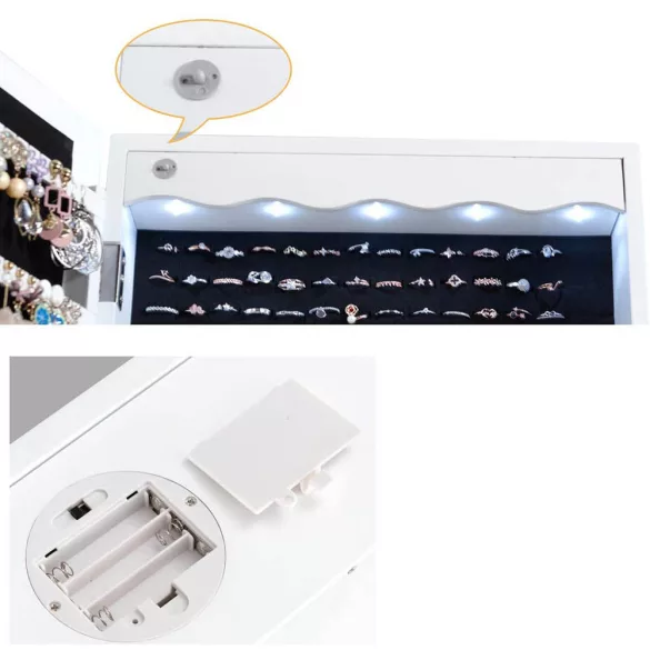 Wall-mounted mirrored jewelry organizer with lighting