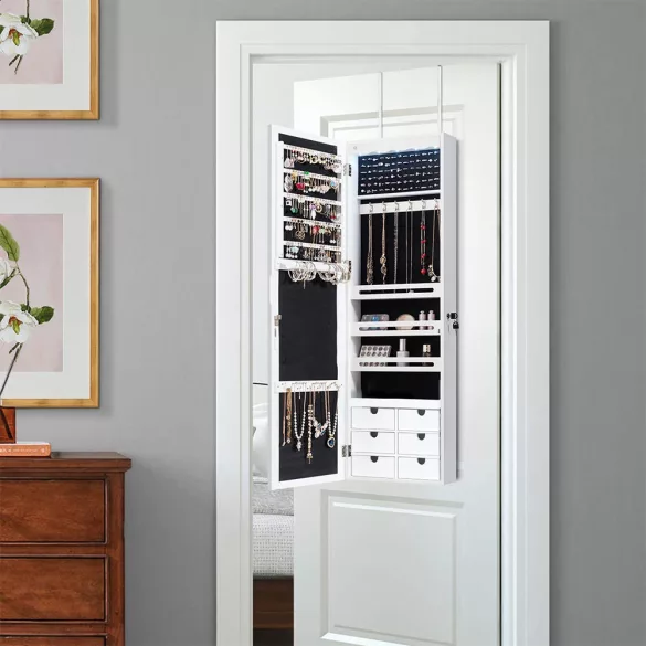 Wall-mounted mirrored jewelry organizer with lighting