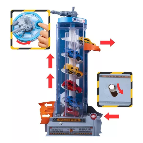 4-level parking garage with elevator, 6 vehicles