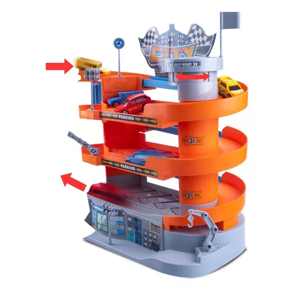 4-level parking garage with elevator, 6 vehicles