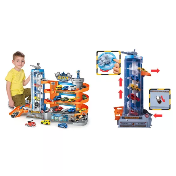 4-level parking garage with elevator, 6 vehicles