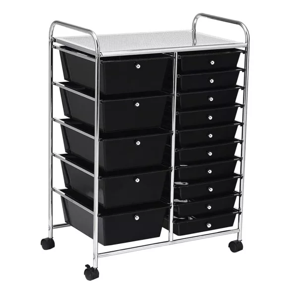Rolling Storage Cart with 15 Drawers, Multiple Colors - Black