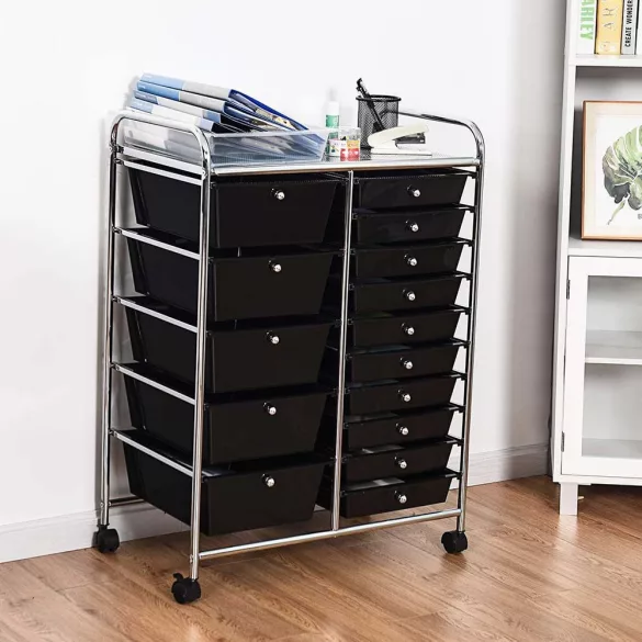Rolling Storage Cart with 15 Drawers, Multiple Colors - Black