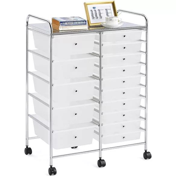 Rolling Storage Cart with 15 Drawers, Multiple Colors - White