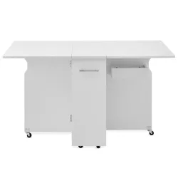 Folding Rolling Table with Shelves and Expandable Top, White