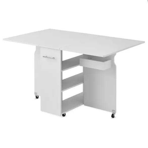 Folding Rolling Table with Shelves and Expandable Top, White