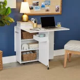Folding Rolling Table with Shelves and Expandable Top, White