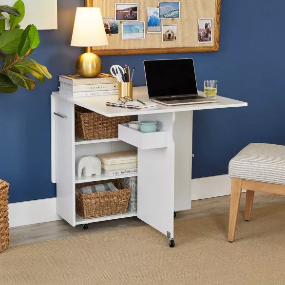 Folding Rolling Table with Shelves and Expandable Top, White