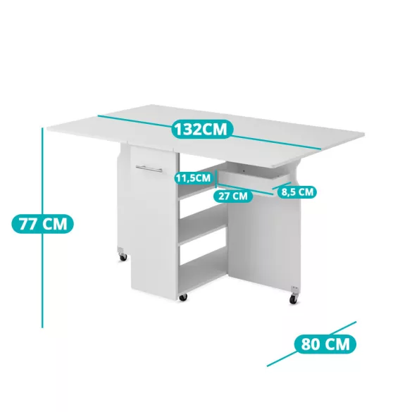 Folding Rolling Table with Shelves and Expandable Top, White
