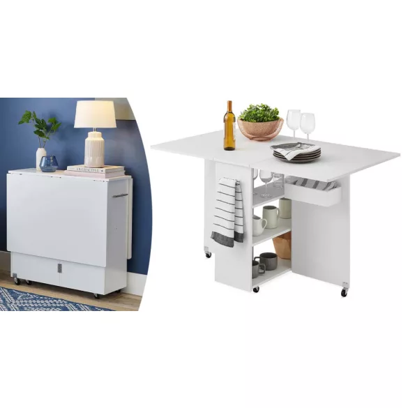 Folding Rolling Table with Shelves and Expandable Top, White