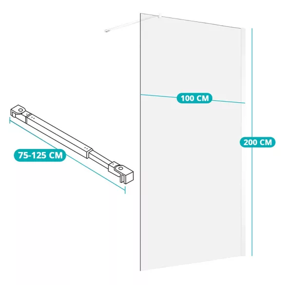 Walk-in 8 mm Tempered Glass Shower Screen, 100x200cm