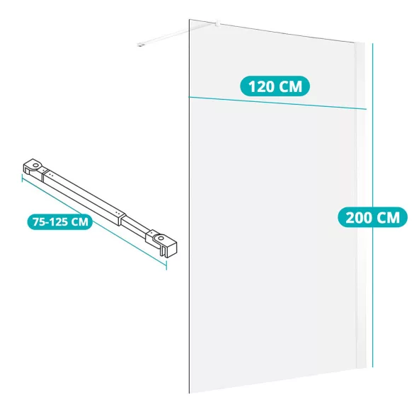 Walk-in 8 mm Tempered Glass Shower Screen, 120x200cm