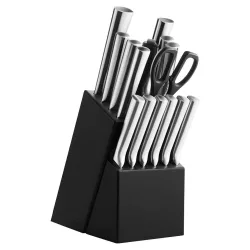   16-piece stainless steel knife set in a wooden holder with a sharpener and scissors