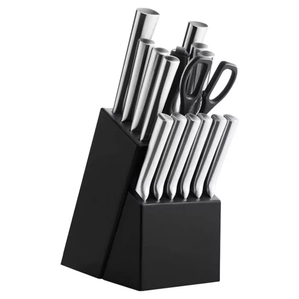 16-piece stainless steel knife set in a wooden holder with a sharpener and scissors