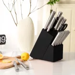 16-piece stainless steel knife set in a wooden holder with a sharpener and scissors