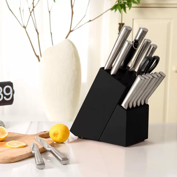 16-piece stainless steel knife set in a wooden holder with a sharpener and scissors