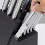 16-piece stainless steel knife set in a wooden holder with a sharpener and scissors