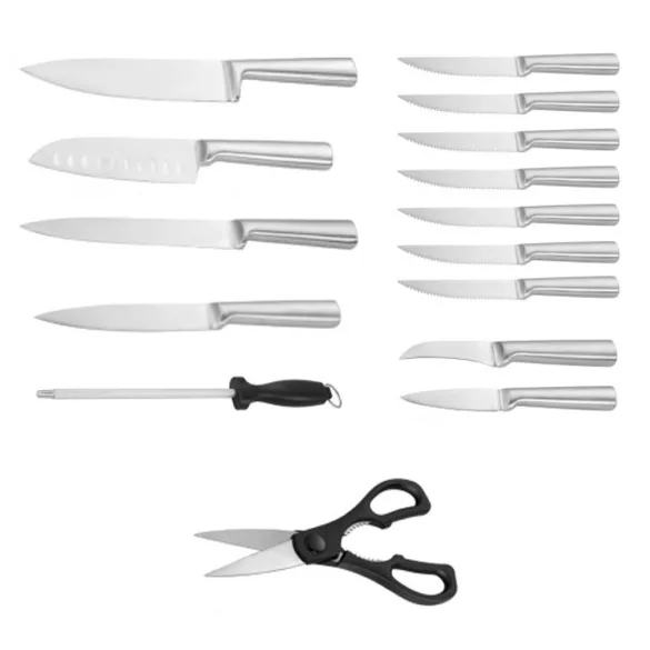 16-piece stainless steel knife set in a wooden holder with a sharpener and scissors