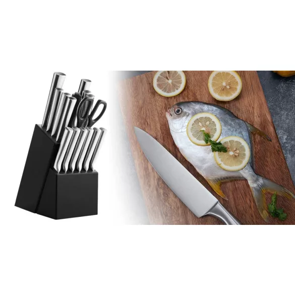 16-piece stainless steel knife set in a wooden holder with a sharpener and scissors