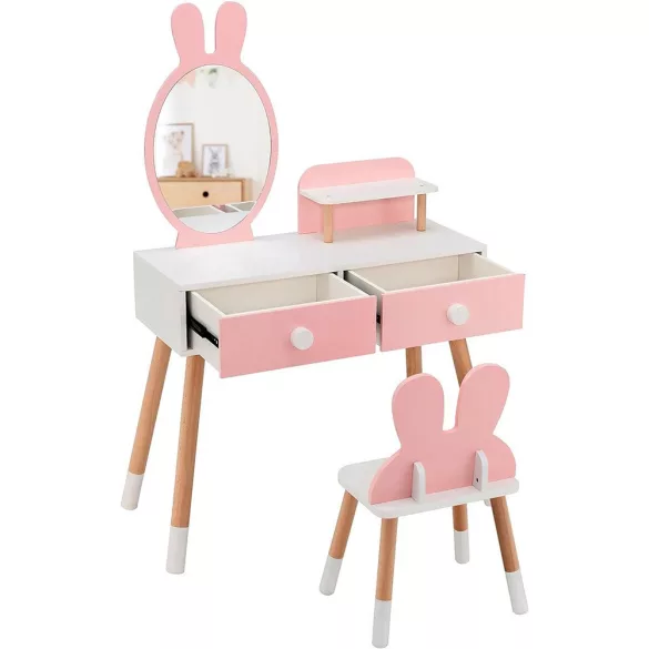 Bunny Themed Vanity Table for Kids with Mirror and Chair