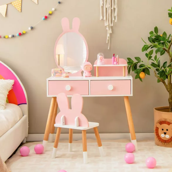 Bunny Themed Vanity Table for Kids with Mirror and Chair