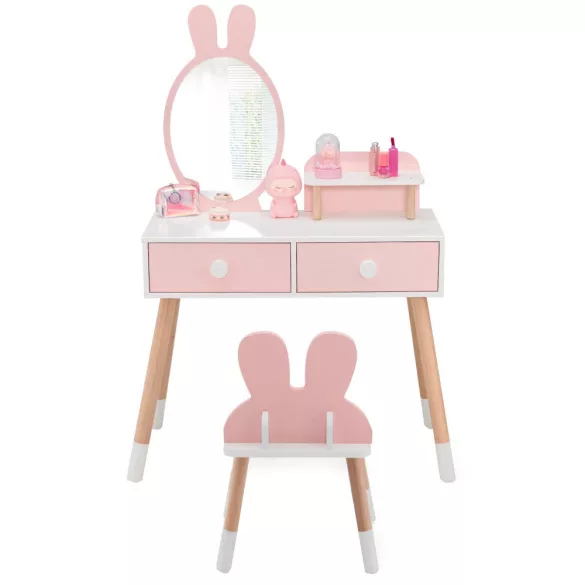 Bunny Themed Vanity Table for Kids with Mirror and Chair