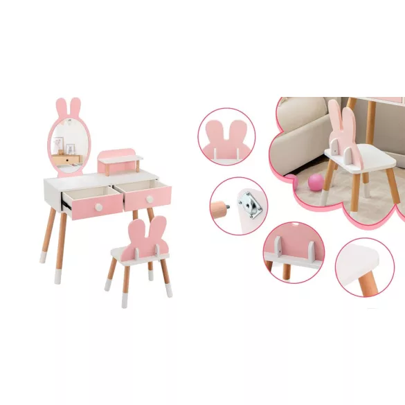 Bunny Themed Vanity Table for Kids with Mirror and Chair