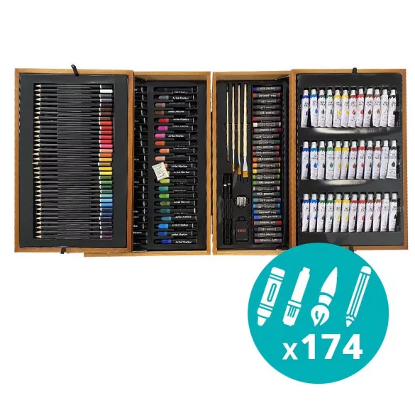 174-piece painting and drawing set in a practical wooden gift box