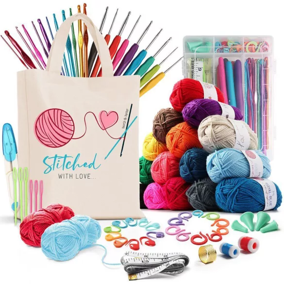 Crochet Set with Colorful Yarns and Accessories in a Gift Tote Bag