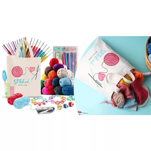 Crochet Set with Colorful Yarns and Accessories in a Gift Tote Bag