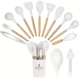 14-piece kitchen utensil set with heat-resistant silicone heads and holder, white