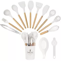   14-piece kitchen utensil set with heat-resistant silicone heads and holder, white