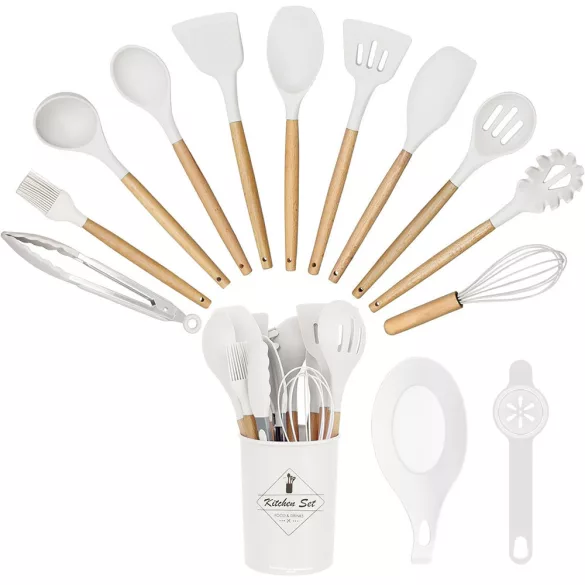 14-piece kitchen utensil set with heat-resistant silicone heads and holder, white