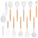 14-piece kitchen utensil set with heat-resistant silicone heads and holder, white