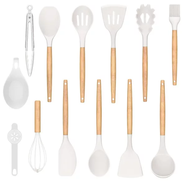 14-piece kitchen utensil set with heat-resistant silicone heads and holder, white