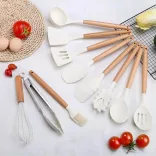 14-piece kitchen utensil set with heat-resistant silicone heads and holder, white